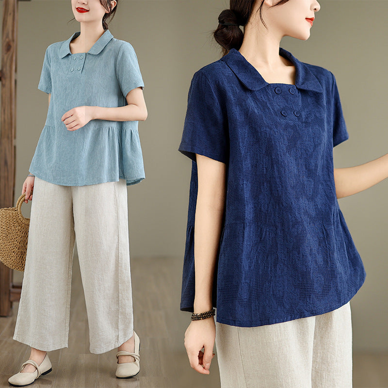 Real shot 2025 summer new literary loose jacquard cotton and linen lapel short-sleeved shirt blouse top #2308