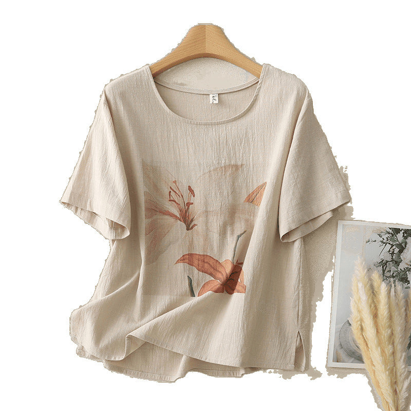 Real shot 2025 summer new cotton and linen literary and retro printing loose casual short-sleeved top T-shirt women