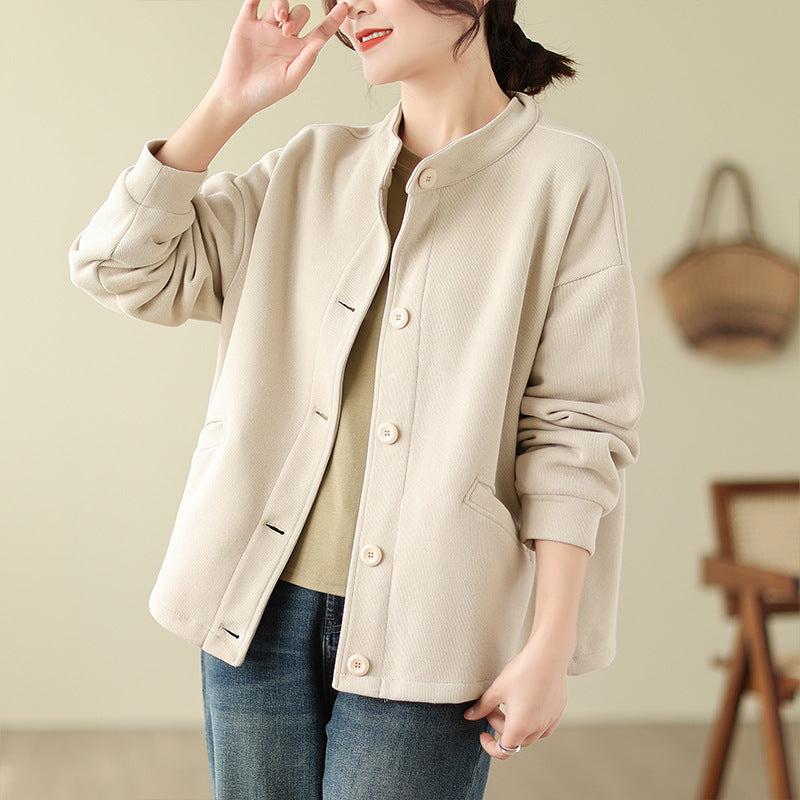 Real shot 2025 autumn new casual large size loose solid color stand-up neck cardigan long-sleeved jacket women's clothing #8353