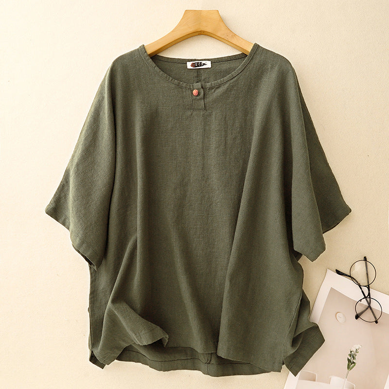 Real shot 2025 summer new literary loose solid color cotton and linen round neck short-sleeved T-shirt women's top 8056 #