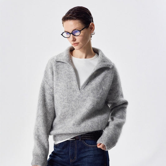 THORNSUARA Lazy casual profile V-lapel knitted sweater mohair pullover long-sleeved sweater women