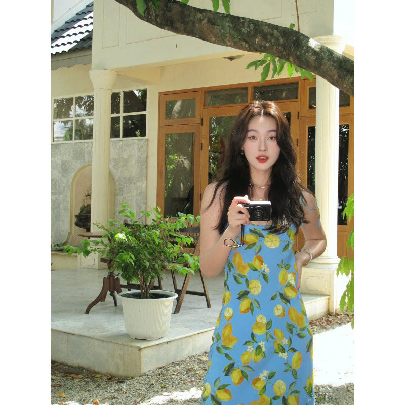Coffee break platycodon French lemon print dress seaside vacation outfit sundress temperament gentle long skirt summer