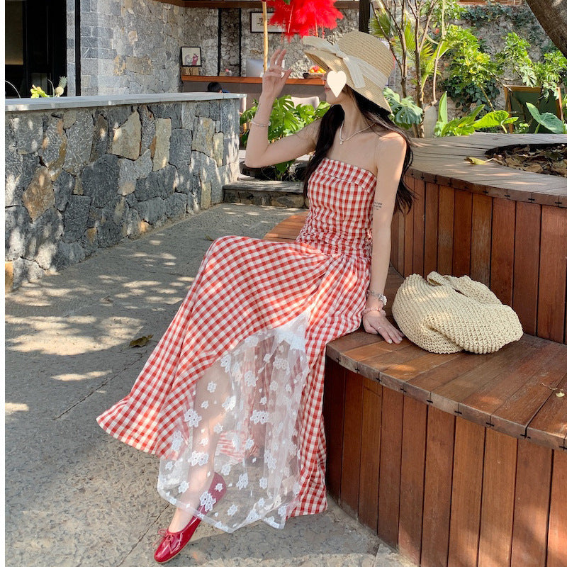 French holiday plaid lace splicing heavy industry tube top dress summer temperament waist thin high-end mid-length dress