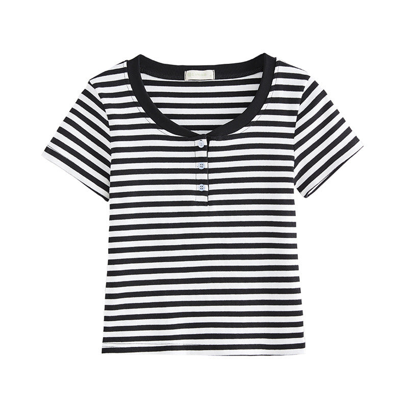 #Double button collar 260g striped #cotton T-shirt women's short-sleeved 2026 summer new front shoulder top bottoming shirt