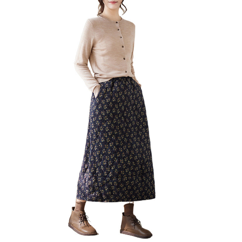 Real shot 2025 winter new casual thickened printed skirt women's medium and long windshield cotton skirt #3726