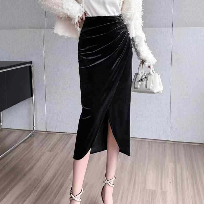 Golden velvet skirt women's 2024 autumn new high waist split one-step hip skirt medium and long autumn skirt