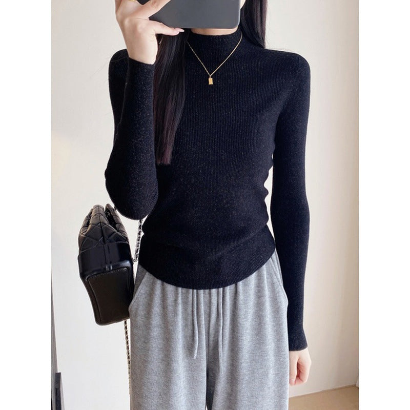 Seamless stand-up collar shiny silk wool bottoming shirt women's early autumn popular wear slim-fitting semi-turtleneck knitted sweater flash