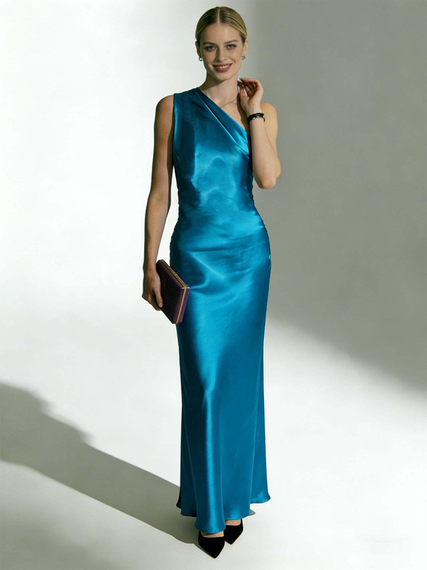Haute couture seaside vacation wedding party Muse acetate satin gloss shoulder halter dress sexy dress