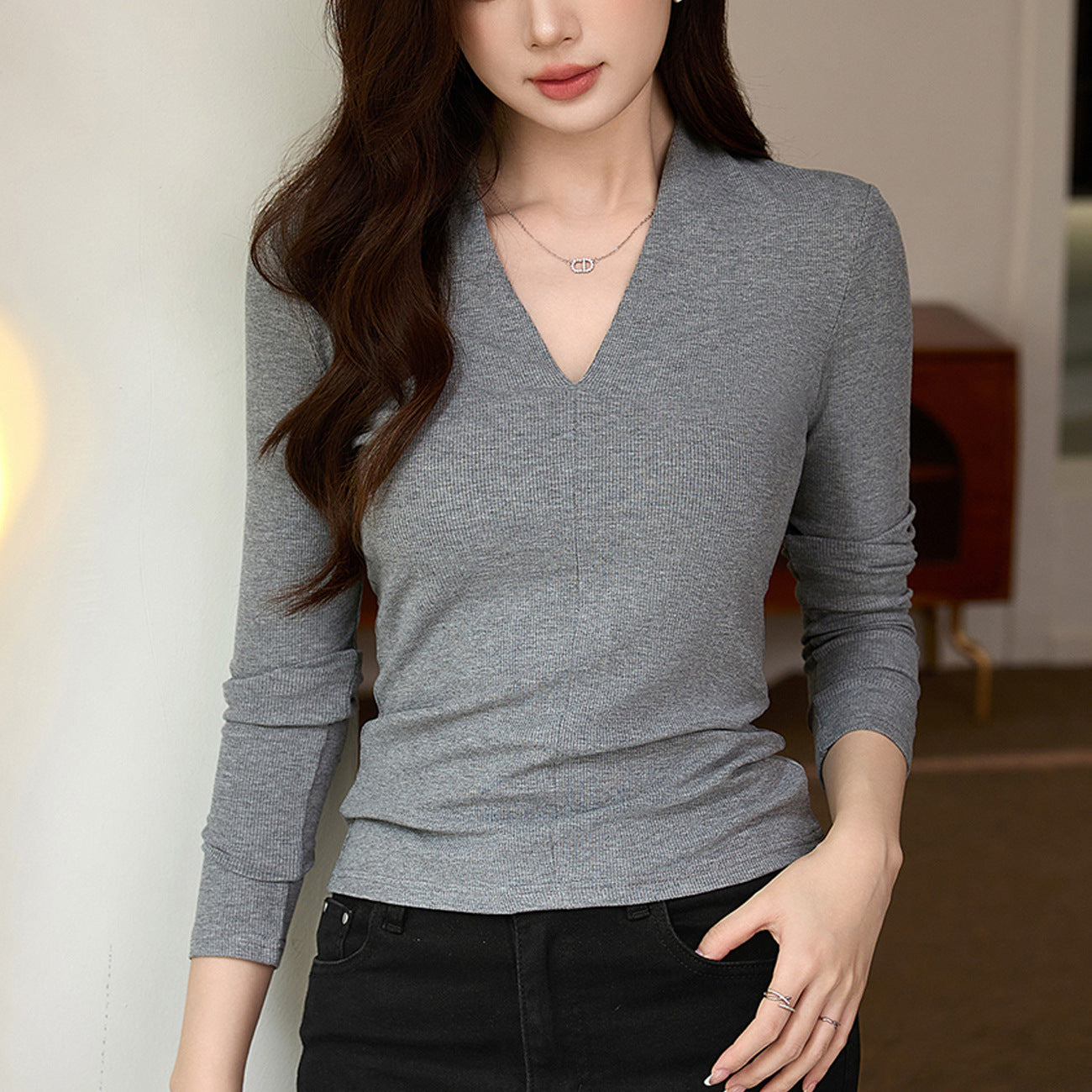 #Excellent choice #Temperament deep V-neck T-shirt women's long-sleeved 2026 autumn new slim-fitting and thin bottoming shirt top