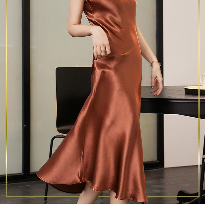 Haute couture new acetic acid satin suspender skirt U-neck long skirt gentle wind high sense acetic acid satin dress