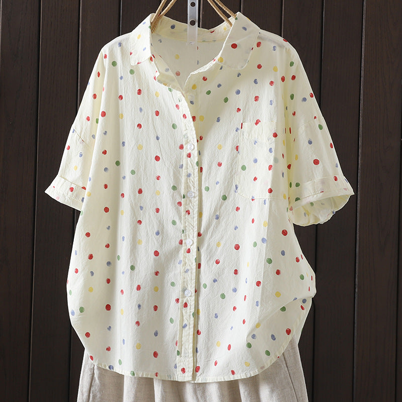 Real shot 2024 summer new literary and retro loose and thin printing casual age-reducing short-sleeved shirt top women