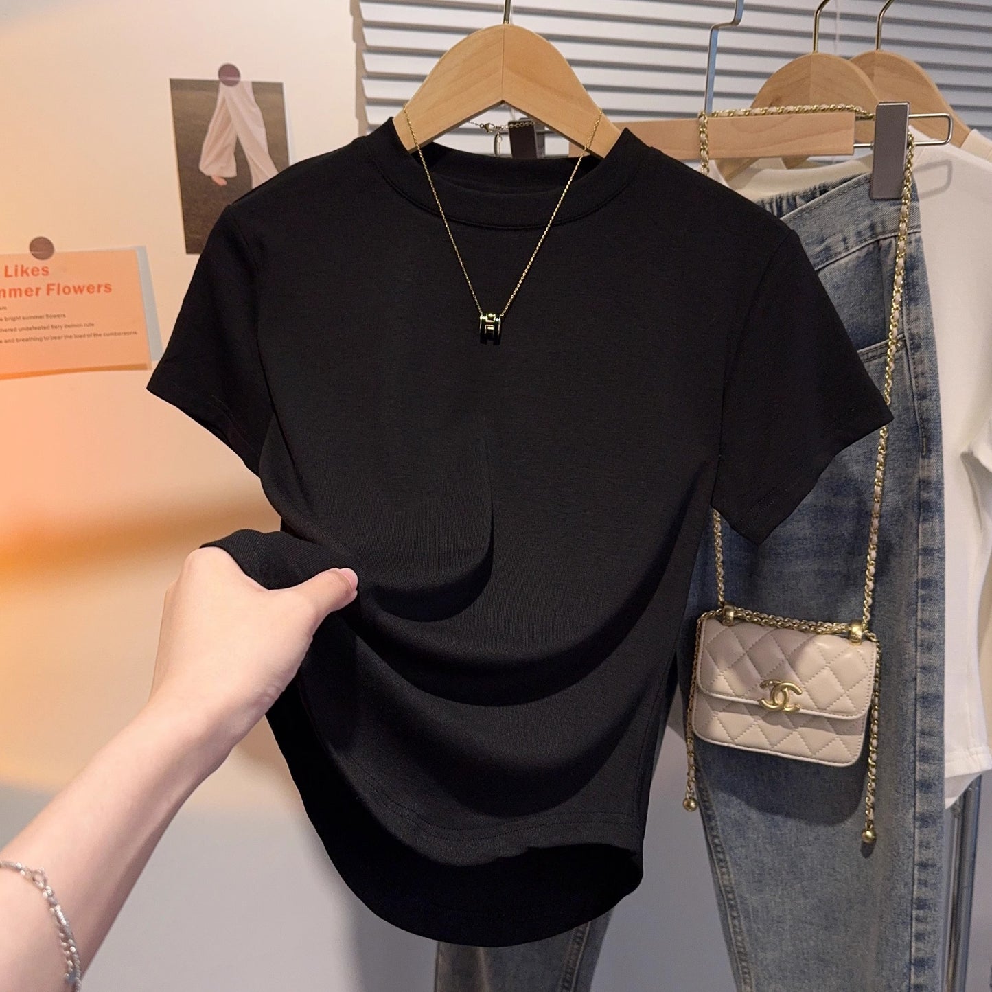 Summer short-sleeved T-shirt women's apricot small stand-up collar front shoulder curved hem slim-fitting American Spice Girl top bottoming shirt tide