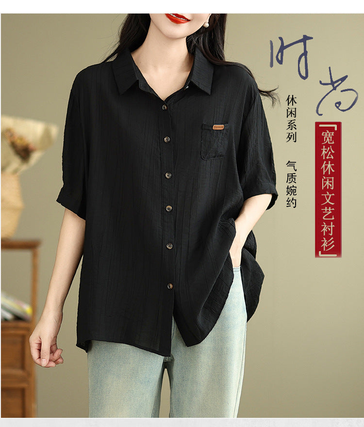 Real shot 2025 summer new literary loose solid color lapel short-sleeved shirt women's shirt top #5969