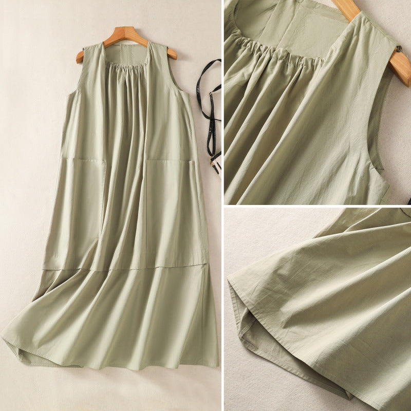 Real shot 2025 summer new cotton and linen large size loose casual thin sleeveless pocket vest dress women