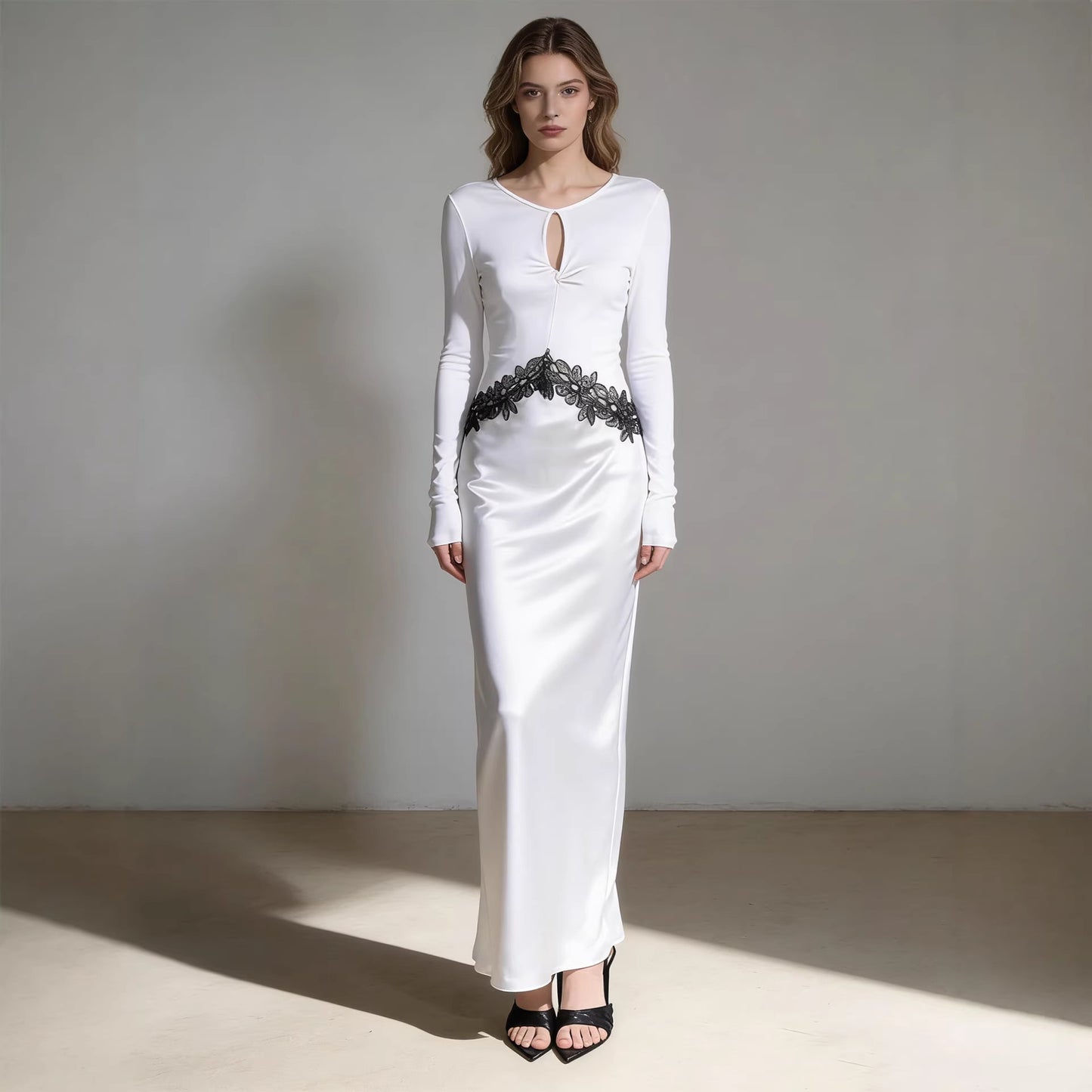 Haute couture new waist embroidered lace splicing imported acetic acid holiday banquet design round neck long sleeve dress