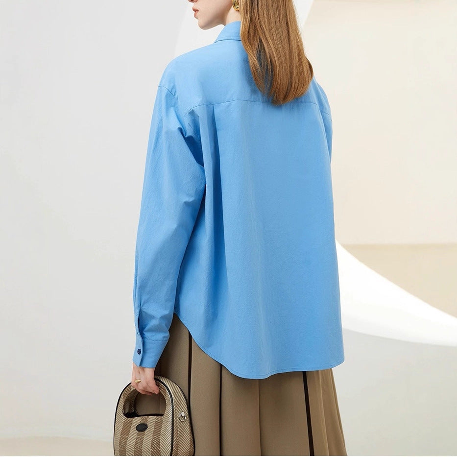 Fanslan Blue Temperament Cotton Long Sleeve Shirt Women's Spring and Autumn French Loose Casual Commuter Top 11190