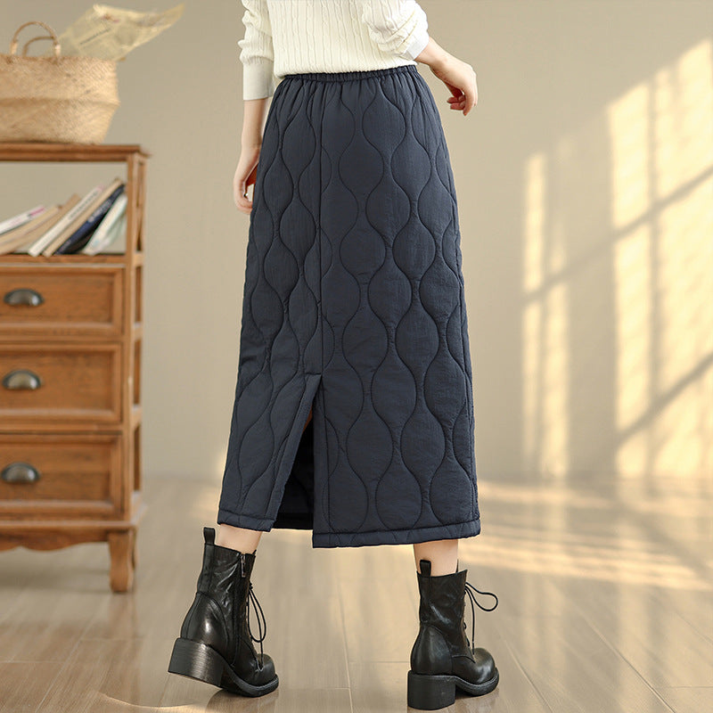 Down cotton skirt women's winter 2025 thickened warm medium and long cotton-padded hip skirt with split ends and one step straight