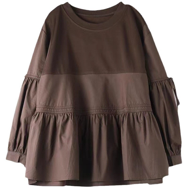 2025 spring new literary loose splicing solid color round neck long-sleeved T-shirt women's lace-up doll shirt top 6232 #