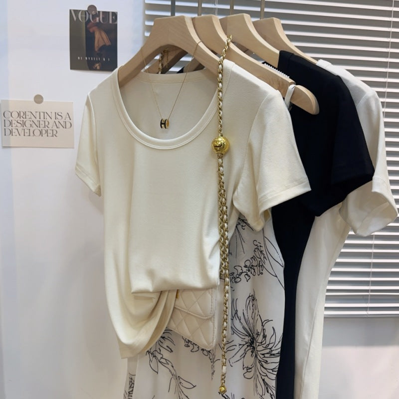 [A code packet of the released version] U-neck summer shoulder ice silk short-sleeved T-shirt women's slim versatile bottoming shirt top