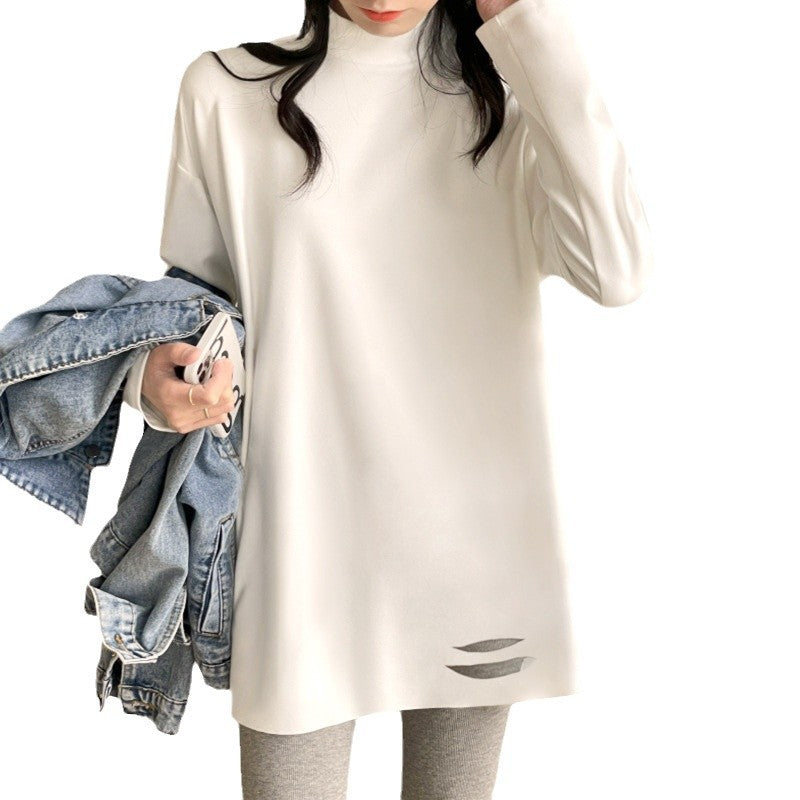Medium and long loose German velvet white long-sleeved butt-covering t-shirt semi-turtleneck bottoming shirt women's velvet ripped clothes