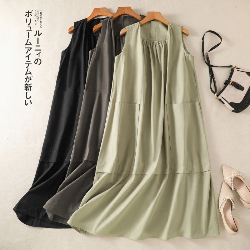Real shot 2025 summer new cotton and linen large size loose casual thin sleeveless pocket vest dress women