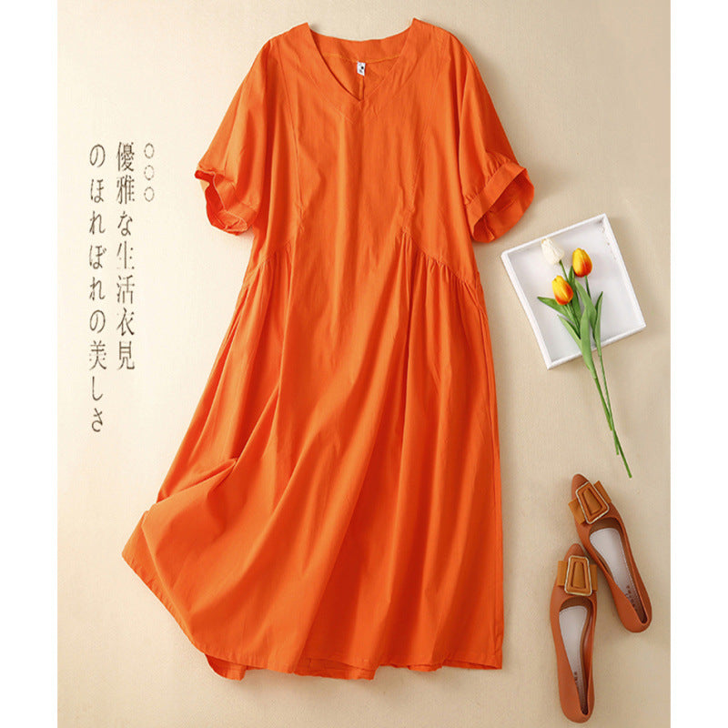 Real shot 2025 summer new literary large size loose solid color V-neck short-sleeved dress women's medium and long #8010