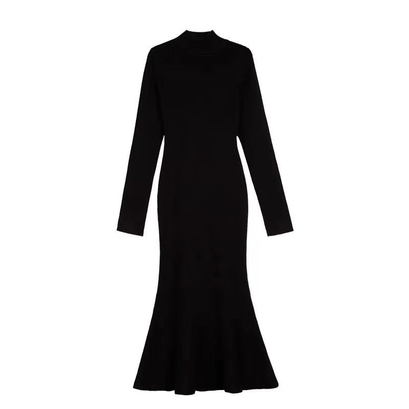 Autumn and winter with coats, high-end slimming, semi-turtleneck black dress, Hepburn style with temperament mermaid skirt