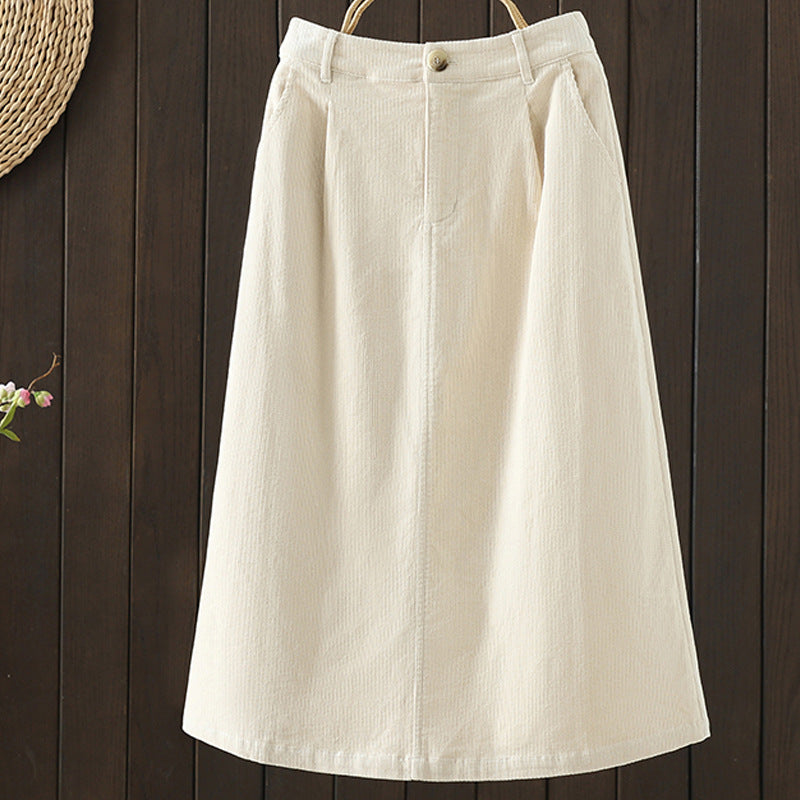 Coffee retro corduroy skirt women's 2025 autumn and winter texture loose a-word skirt elastic waist