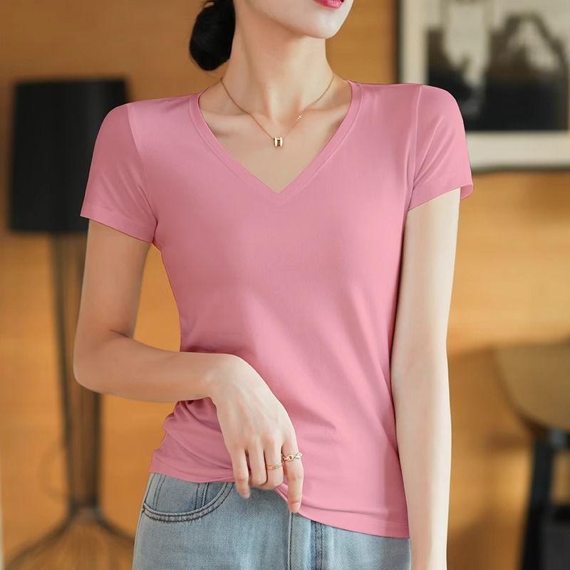 Lotus root pink short-sleeved t-shirt women's pure cotton summer chic Korean wear high-end niche non-collision versatile top