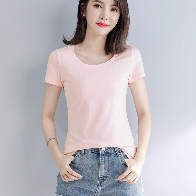 Lotus root pink short-sleeved t-shirt women's pure cotton unique and beautiful waist pinched high-end niche non-collision front shoulder short top
