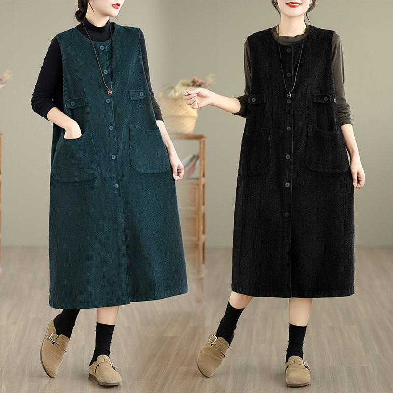 Retro solid color corduroy sleeveless dress women's autumn 2025 new medium and long cardigan vest skirt
