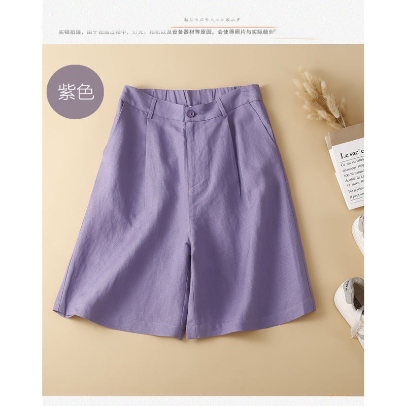 Real shot 2025 summer thin cotton and linen literary loose casual wide-leg five-point medium pants women #9277