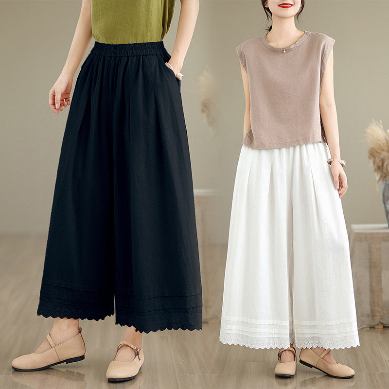 Real shot 2025 summer new Mori women's cotton and linen washed lace wide-leg pants loose and thin casual pants women