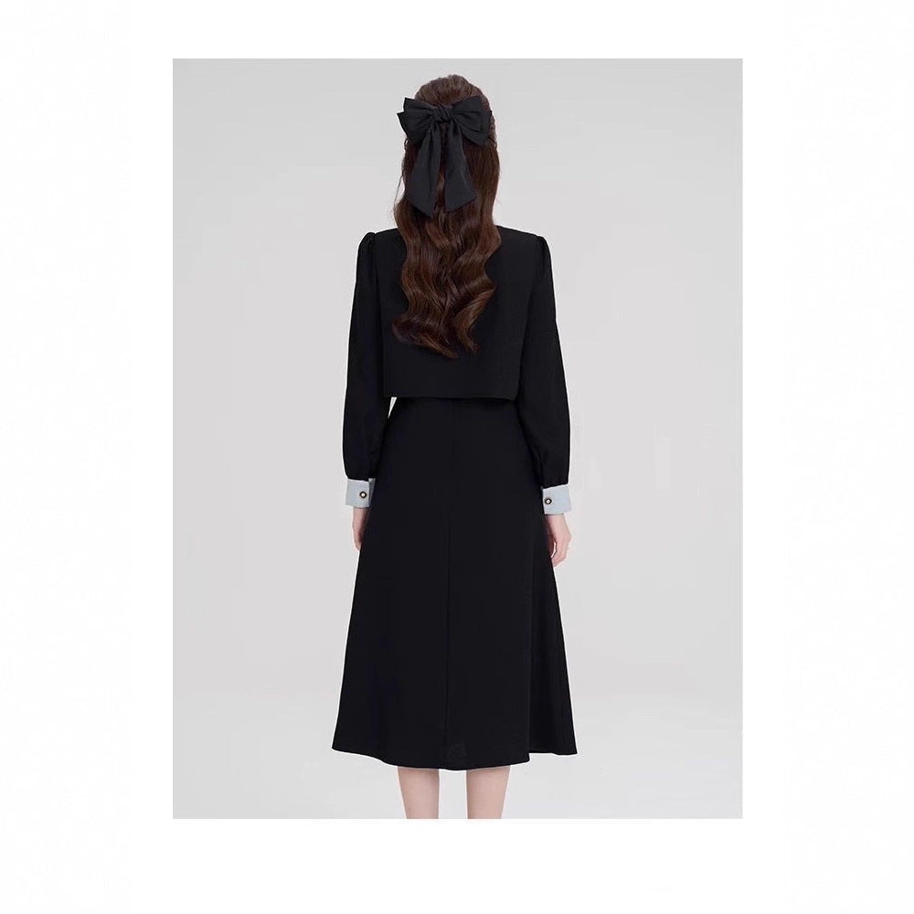 French fake two-piece temperament high-end black long-sleeved large size fat mm2025 autumn and winter women's clothing waist dress