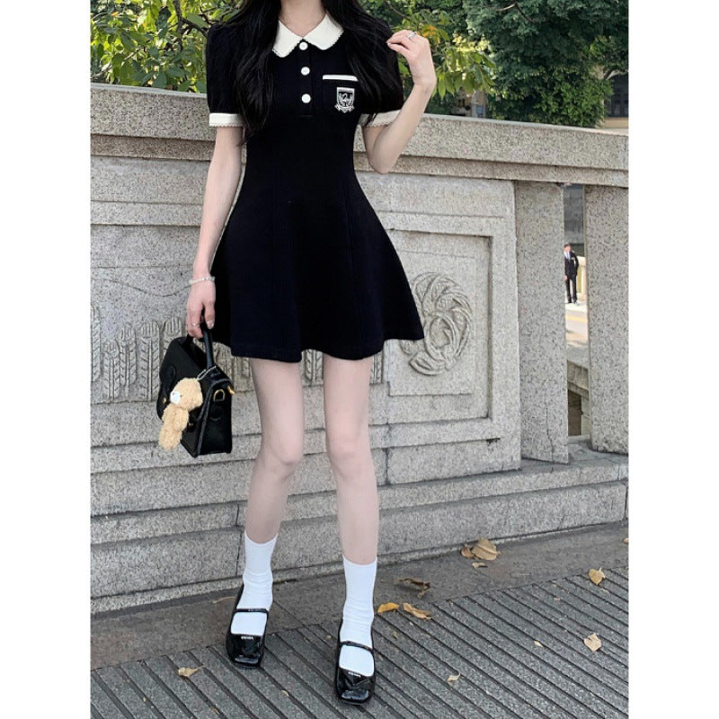 College style sweet polo dress summer women's small skirt waist slim slim black temperament skirt