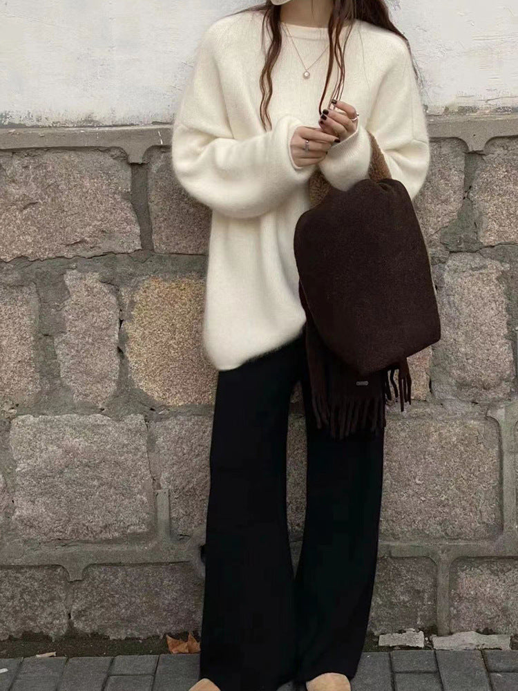 Autumn and winter 100% wool knitted wide-leg pants women's high-waisted thickened drape cashmere straight-leg small fleece floor pants