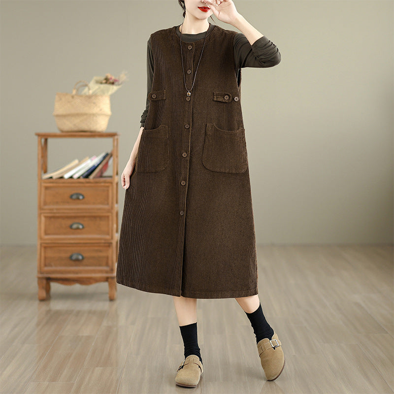 Retro solid color corduroy sleeveless dress women's autumn 2025 new medium and long cardigan vest skirt