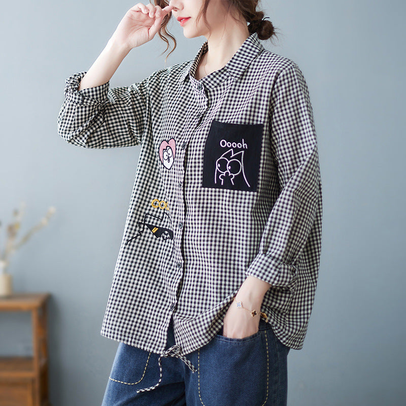 Real shot 2025 autumn new Korean version loose cotton and linen plaid lapel long-sleeved shirt top women #9261