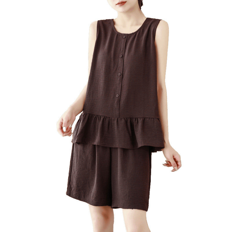 2025 summer new hem ruffle edge sleeveless loose top vest + shorts casual suit women's clothing
