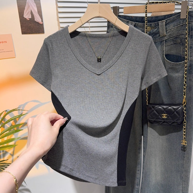 European color matching V-neck short-sleeved T-shirt women's summer new ice silk bottoming shirt with fashionable high-end trend top