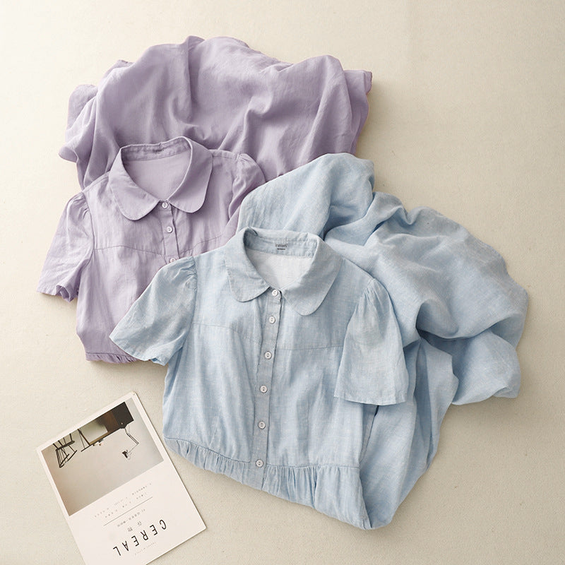 Real shot 2025 summer new cotton and linen literary loose casual large size doll collar dress women's clothing