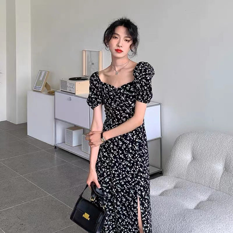 2026 summer French square neck black floral dress with split ends and waist sexy coffee break long skirt for women