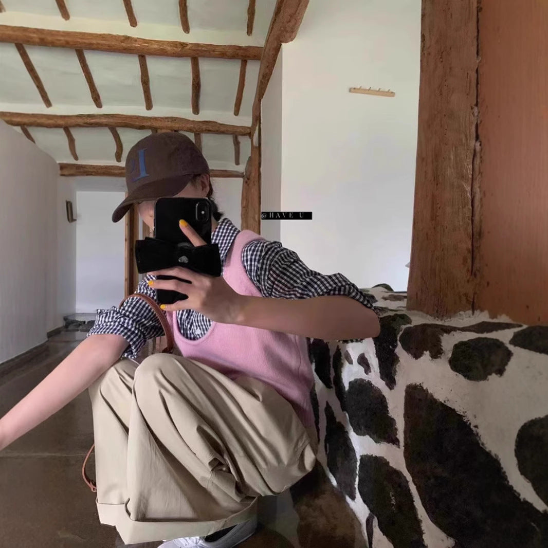 HAVE U wool knitted vest u neck elastic short small Korean ins wind wide shoulder strap stacked vest women