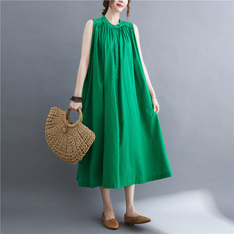 Real shot 2025 summer new large size fat MM literary retro sleeveless medium and long dress women #9228