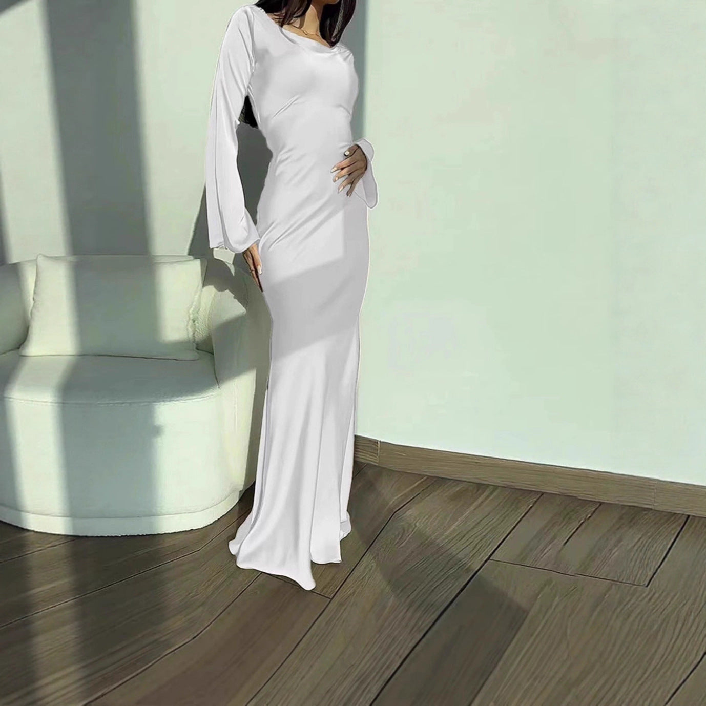 2025 autumn and winter cross-border women's clothing solid color round neck long-sleeved lace-up national style waist dress women's cross-border supply