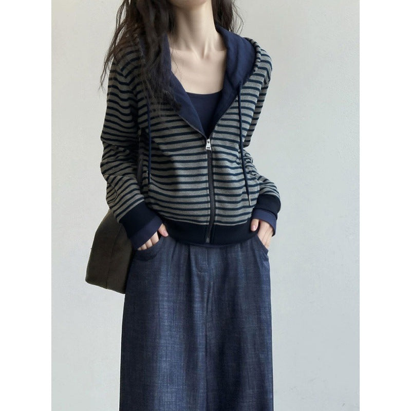 Cool gray striped hooded zipper sweater jacket American retro light ripe niche non-collision top autumn