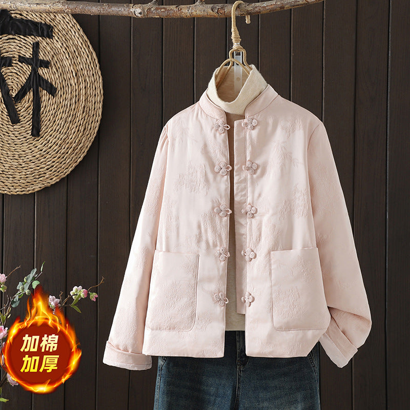 Real shot 2025 winter new literary New Year's greeting clothes new Chinese style cotton clothes satin jacquard jacket women's clothing