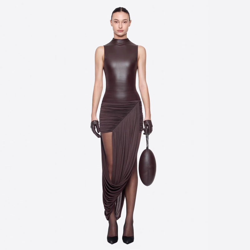 Cross-border European and American fashion personalized party evening dress slim temperament leather hip spice sleeveless banquet dress