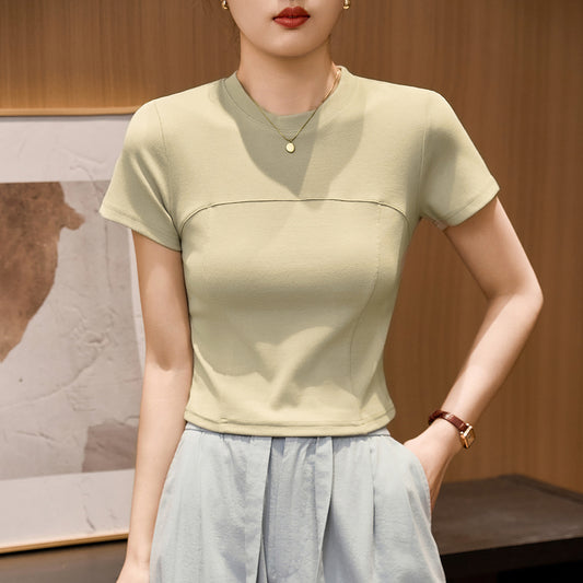 #260G Youke silk, Zhen quality #high-end design sense bright line waist thin short-sleeved T-shirt women's summer high-waisted top