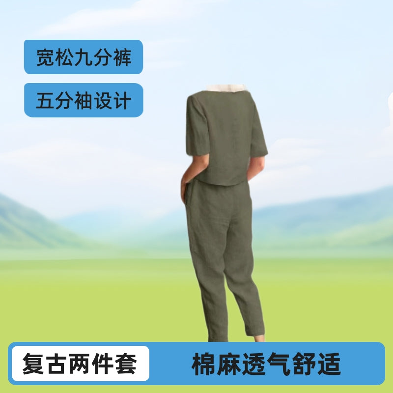 2025 cross-border women's clothing cotton and linen summer commuting matching set half-sleeved O-neck oversized blouse retro two-piece set